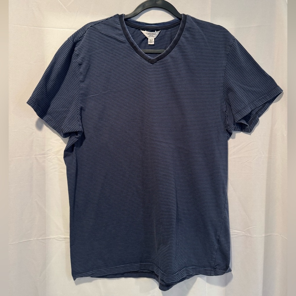 Calvin Klein Men's Dark Blue Striped V-Neck Tee